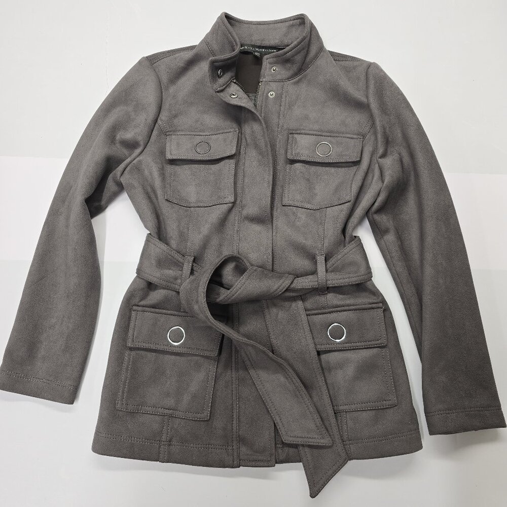 White House Black Market Grey Faux Suede Belted Utility Jacket Petite SP